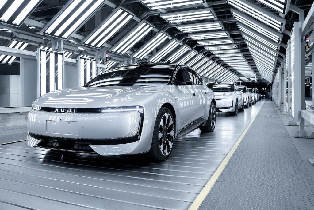 The AUDI E5 Sportback is produced at a dedicated manufacturing facility located on the SAIC Volkswagen plant in Anting, Shanghai. Pictured: vehicle assembly, finishing, and surface inspection.